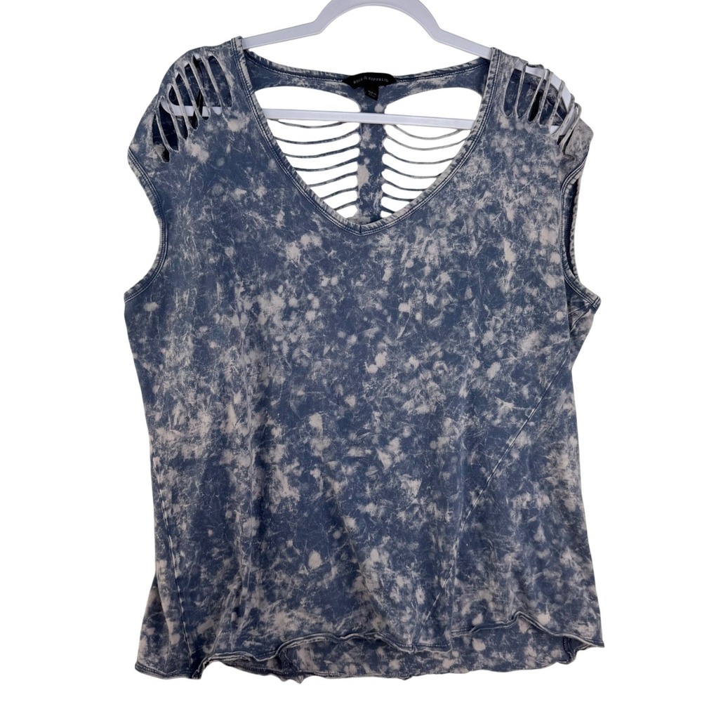 Rock & Republic Acid Wash Shredded Skeleton Back Top Blue XL Womens Cap Sleeve